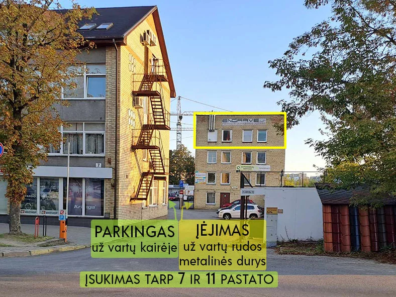 Kaip mus rasti – įsukimas tarp 7 ir 11 pastato, parkingas už vartų kairėje, įėjimas pro rudas metalines duris