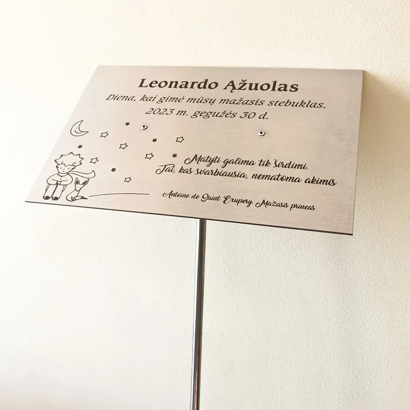 Nerudijančio plieno lentelė su kojele prie medelio